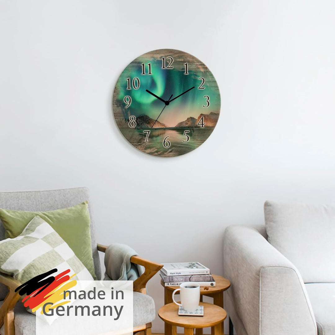 ARTLAND Wanddeko Wanduhr ohne Tickgeräusche aus Holz Quarzuhr lautlos rund Ø 30 cm Auroraborialis -