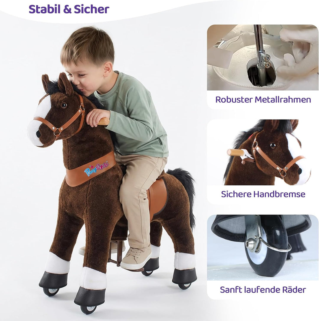 PonyCycle® Schaukelpferd auf Rollen | für Kinder 4–7 Jahre, 89cm | Braunes Plüsch Reitpferd mit Hand