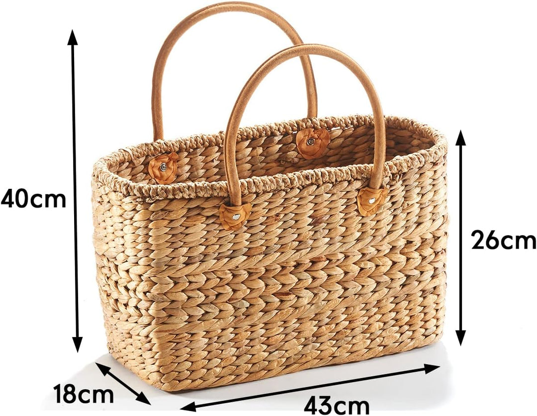 Kobolo Tasche Korbtasche geflochten aus Wasserhyazinthe - Lederhenkel - 43x18x26