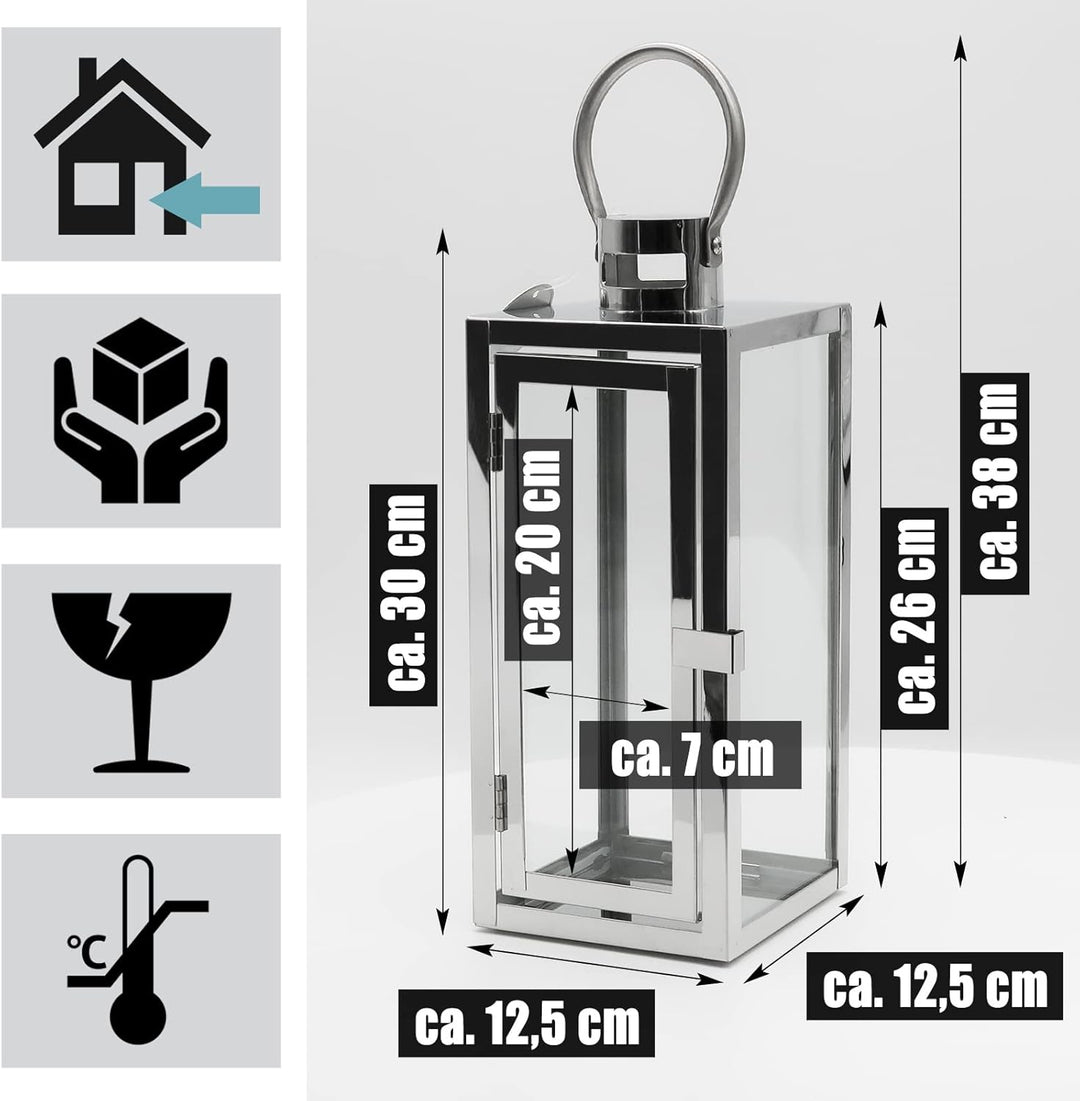 Dekovita 30cm Laterne aus Edelstahl - Gartenlaterne mit Glas-Scheiben und Henkel - Metall Deko-Later