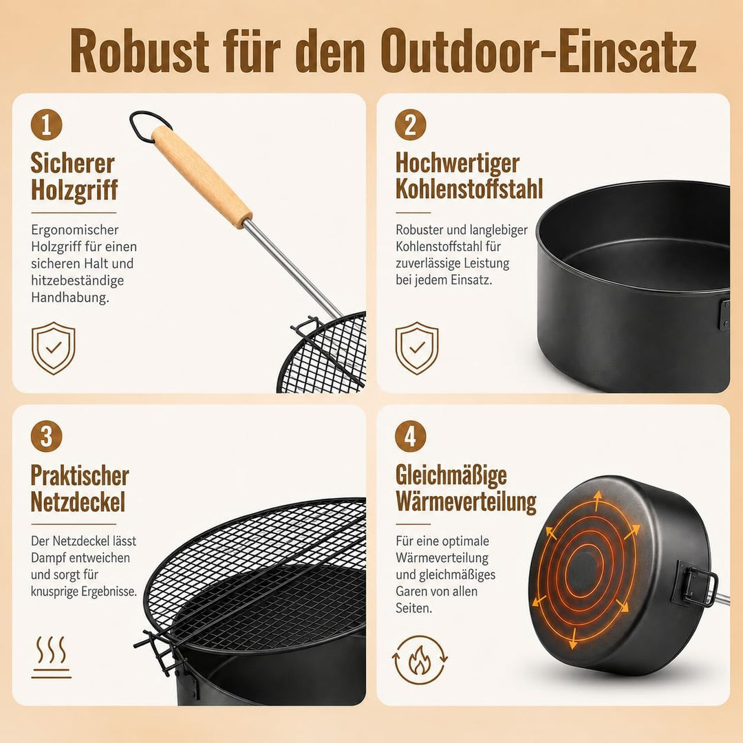 Popcorn Maker Lagerfeuer aus Kohlenstoffstahl mit Sicherheitsgriff Outdoor | Popcornpfanne für Grill