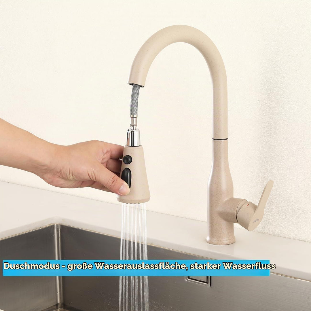 ONECE Küchenarmatur Weizenfarbe mit ausziehbar Brause 3 Duschmodi, Hochdruck Wasserhahn Küche Spülti