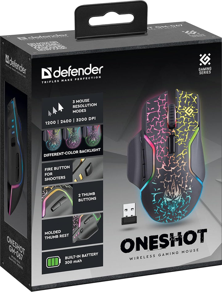 Defender® Oneshot Gaming Maus Kabellos – 2.4 GHz Wireless, 3200 DPI, RGB, 5 Programmierbare Tasten,