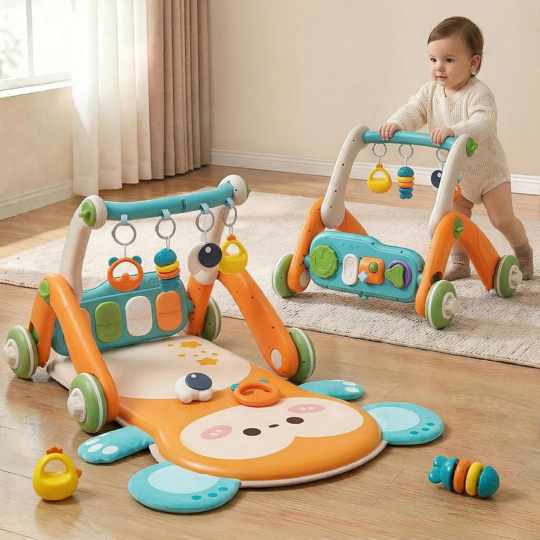 2 in 1 Baby Gym with Walker,Baby Play Mat with 5 Infant Learning Sensory,Double-Sided Multifunctiona