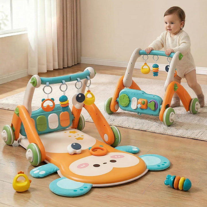 2 in 1 Baby Gym with Walker,Baby Play Mat with 5 Infant Learning Sensory,Double-Sided Multifunctiona