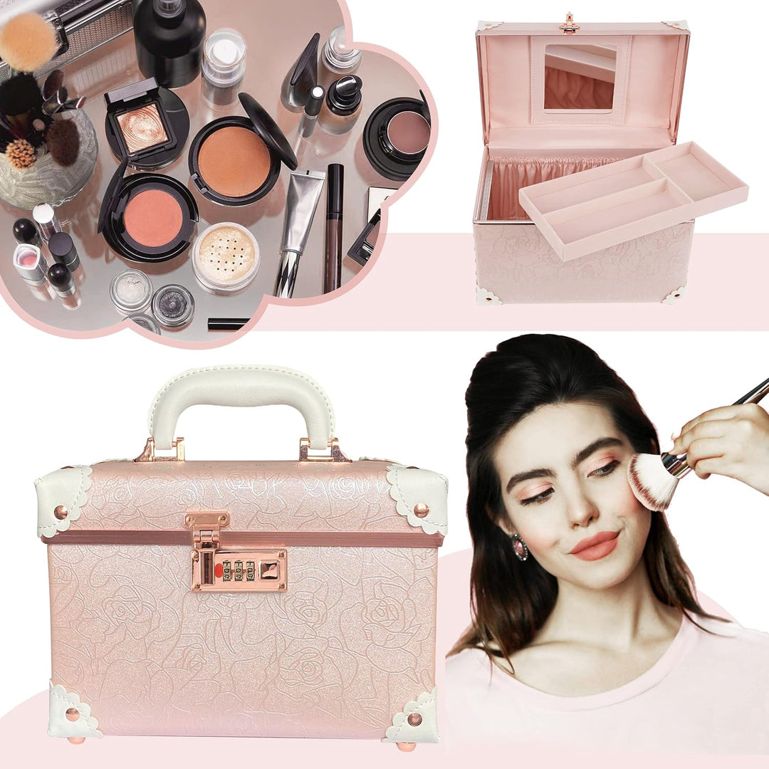 urecity Vintage Leder Kosmetikkoffer mit Spiegel - Hartschale Schminkkoffer für Damen, Reise Make-up