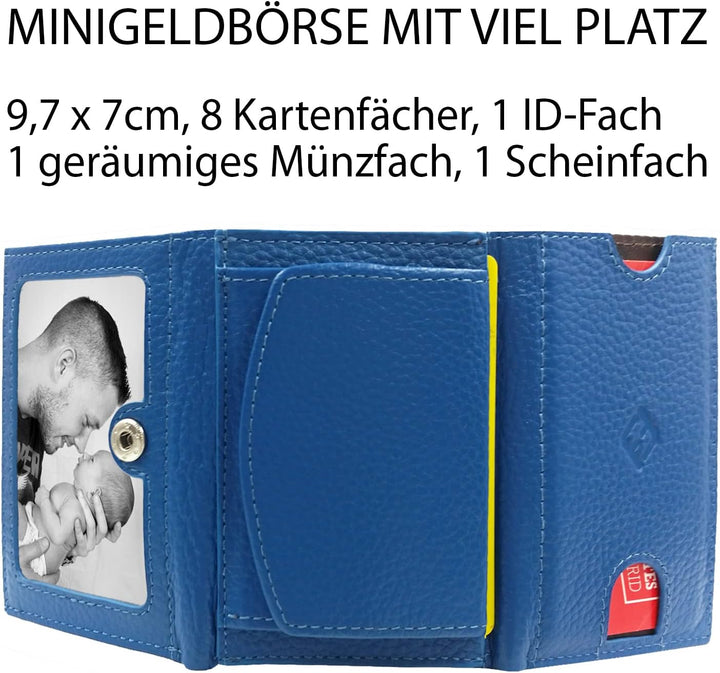 Mini Portemonnaie Damen mit Münzfach, Reise Geldbeutel, klein viele Fächer, Leder blau, RFID Blocker