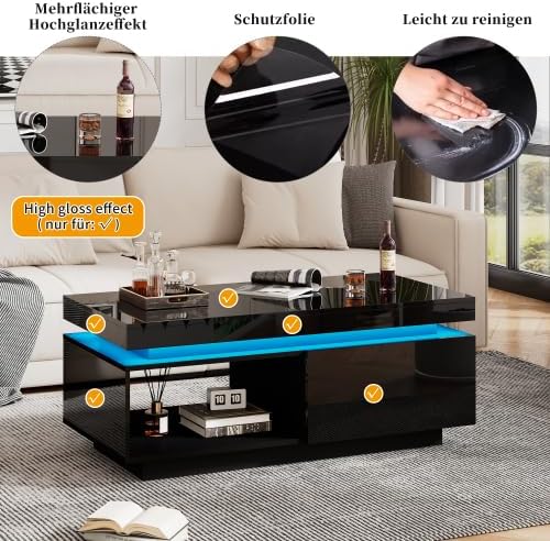 Merax Couchtisch mit LED-Beleuchtung, Hochglanz-Oberfläche, 1 Schublade, 100x50x40 cm, Moderner Sofa