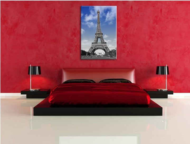 Eifelturm mit blauem Himmel Paris schwarz/weiss Format: 100x70 auf Leinwand, XXL riesige Bilder fert