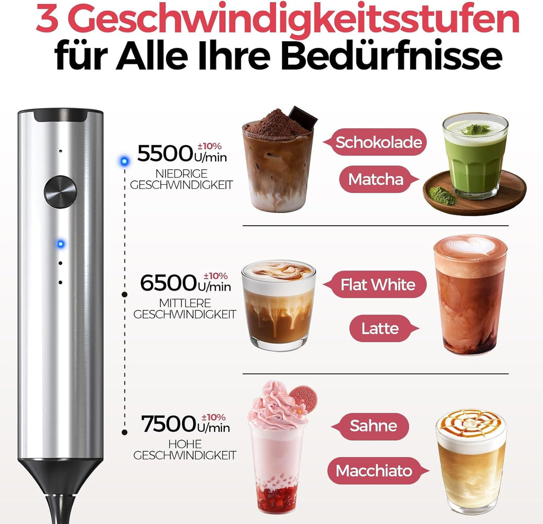YARRAMATE Edelstahl Akku Handheld Milchaufschäumer Mit Ständer – Elektrischer 3-Gang Rührstab Mit 2