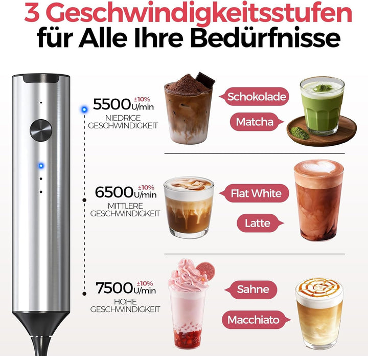 YARRAMATE Edelstahl Akku Handheld Milchaufschäumer Mit Ständer – Elektrischer 3-Gang Rührstab Mit 2