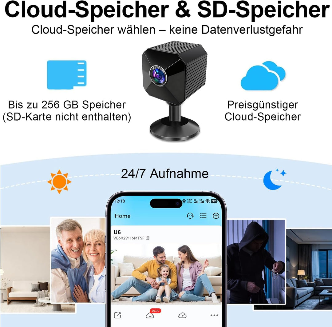 Mini Kamera 4K HD WLAN Kamera - Live Übertragung Handy APP Für WiFi Camera Indoor mit Akku Sicherhei