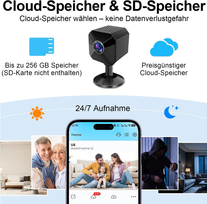 Mini Kamera 4K HD WLAN Kamera - Live Übertragung Handy APP Für WiFi Camera Indoor mit Akku Sicherhei