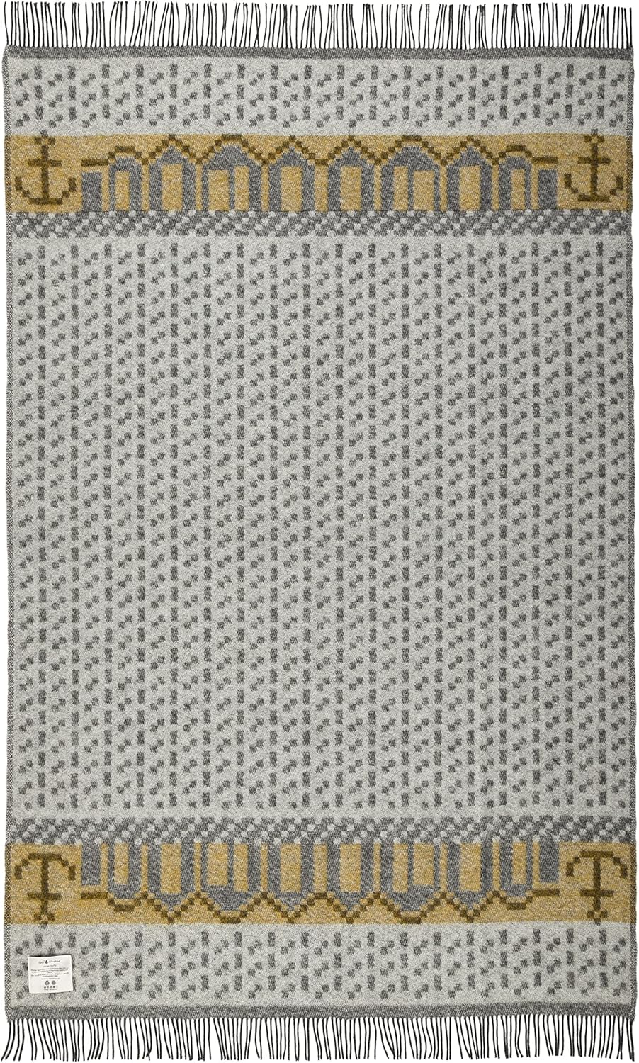 ÖJBRO VANTFABRIK "Skaftö Sot gewebte Wolldecke mit Fransen 130x220 cm Russ/grau/senf 100% Merinowoll
