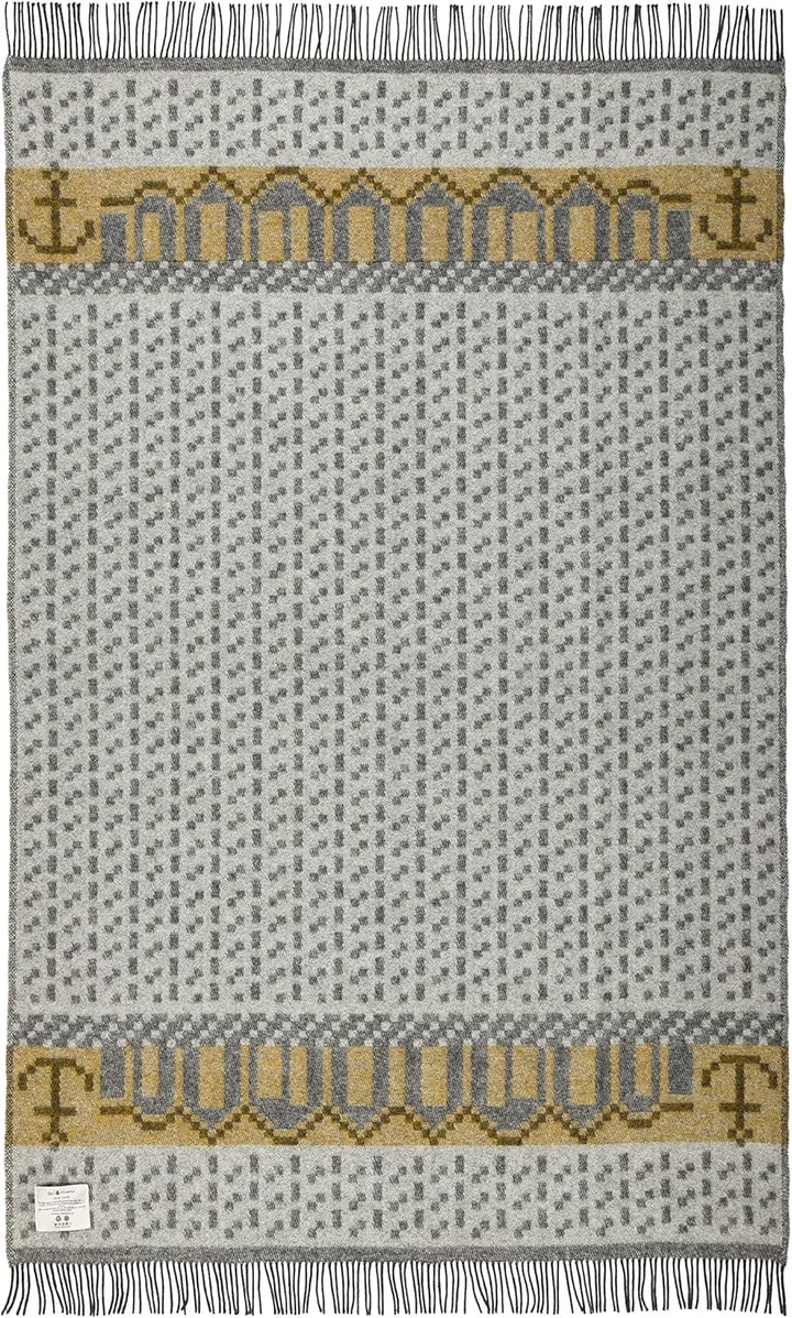 ÖJBRO VANTFABRIK "Skaftö Sot gewebte Wolldecke mit Fransen 130x220 cm Russ/grau/senf 100% Merinowoll
