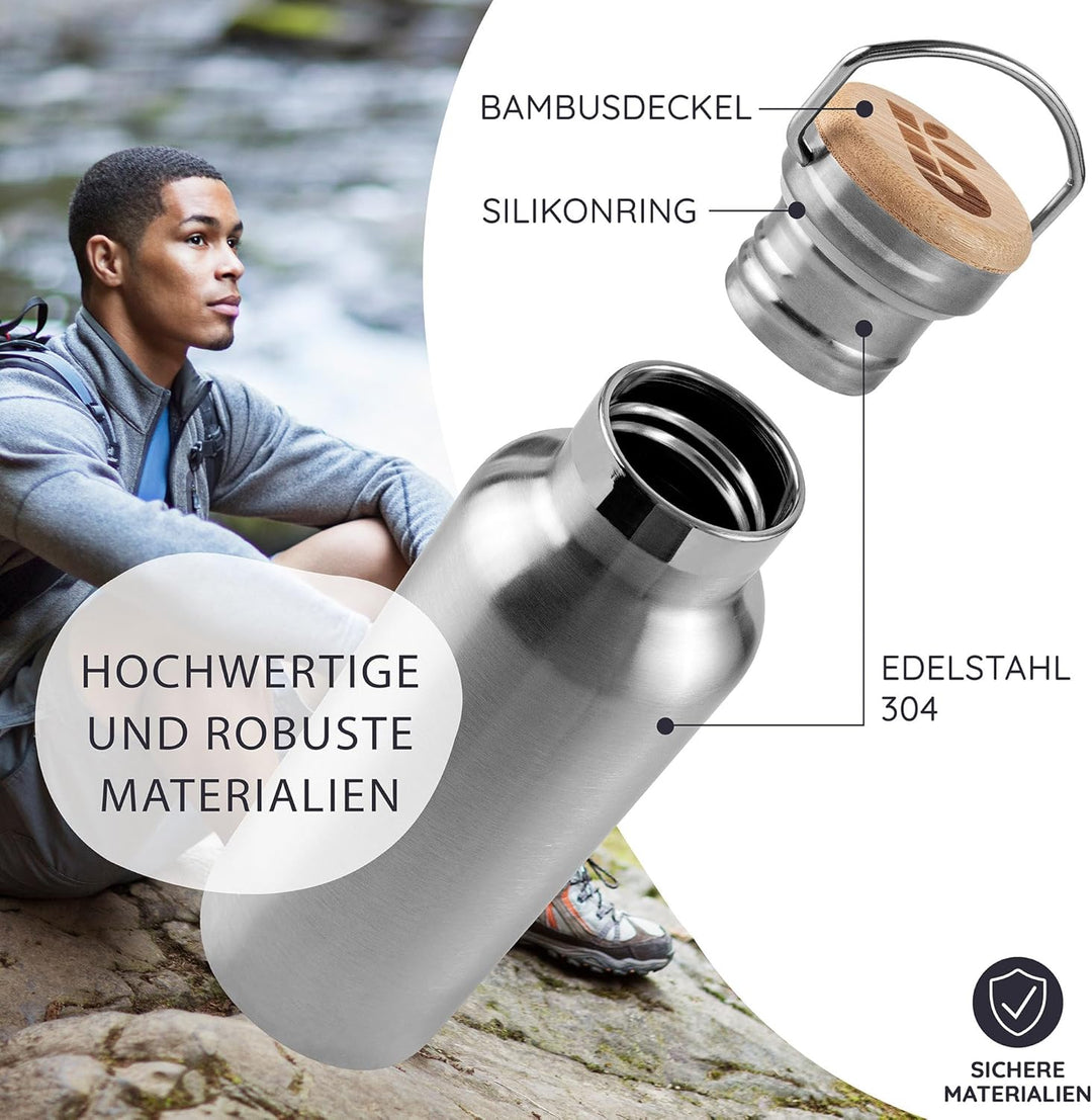 Bambaw Edelstahl Trinkflasche 500ml, Thermosflasche 500ml, Metall Flasche, Trinkflasche Plastikfrei,