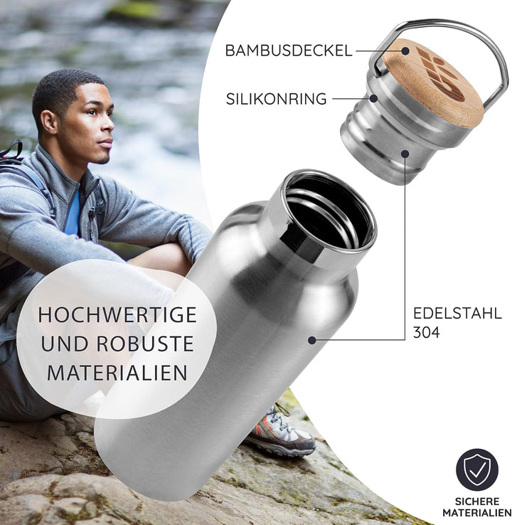 Bambaw Edelstahl Trinkflasche 500ml, Thermosflasche 500ml, Metall Flasche, Trinkflasche Plastikfrei,