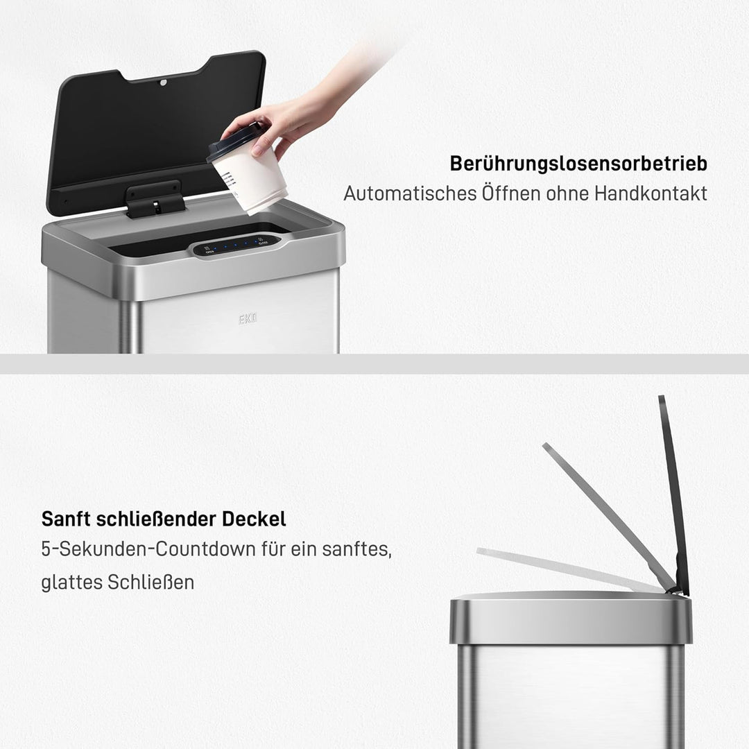 EKO Mirage-T 50 Liter Rechteckiger Mülleimer mit Bewegungsmelder, berührungslos, Gebürstetes Edelsta
