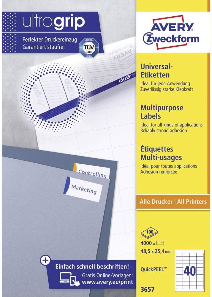 AVERY Zweckform 3657 Universal Etiketten (4.000 Klebeetiketten, 48,5x25,4mm auf A4, Papier matt, ind