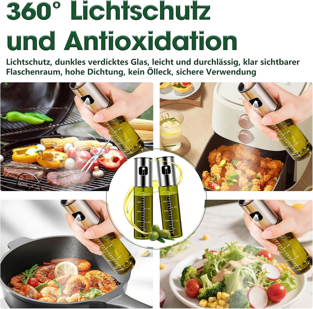 Ölsprüher für Speiseöl, 2 Stück UV-Schutz Sprühflasche Öl, Glas mit Etiketten Öl Zerstäuber Küche Öl