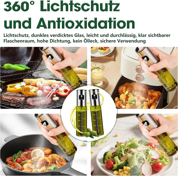 Ölsprüher für Speiseöl, 2 Stück UV-Schutz Sprühflasche Öl, Glas mit Etiketten Öl Zerstäuber Küche Öl
