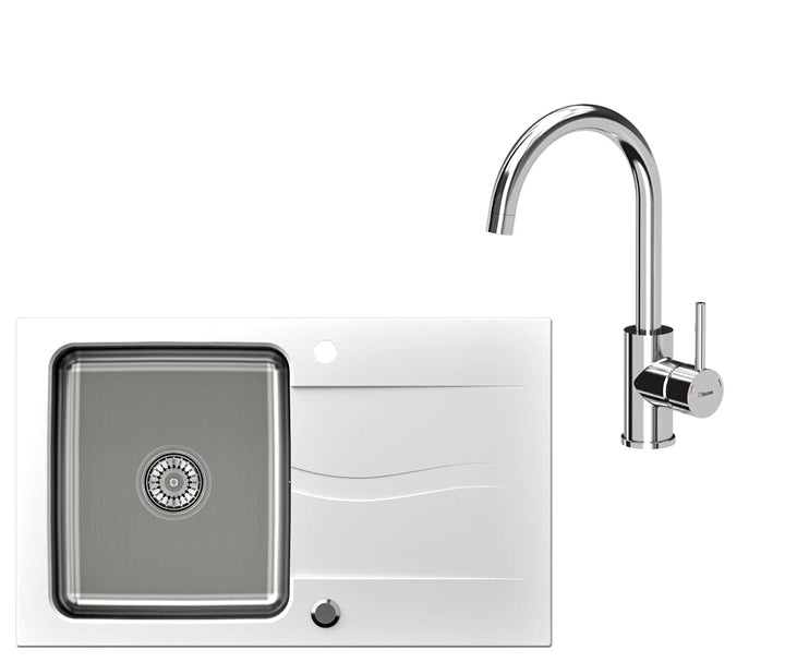 VBChome Spülbecken mit Armatur 78x48 Weiss Granit Edehlstahlbecken Küchenspüle Siphon reversibel Ver