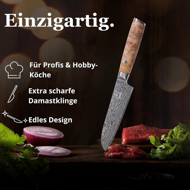 zayiko Kinone Premium Kleines Santokumesser - 12 cm Klinge, 67 Lagen Damaststahl, ergonomischer Birk