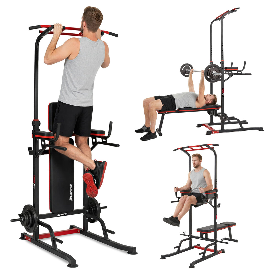 Hop-Sport Power Tower mit Klimmzugstange, Hantelbank &amp; Dip-Station, Fitnessgerät für Zuhause, Calist