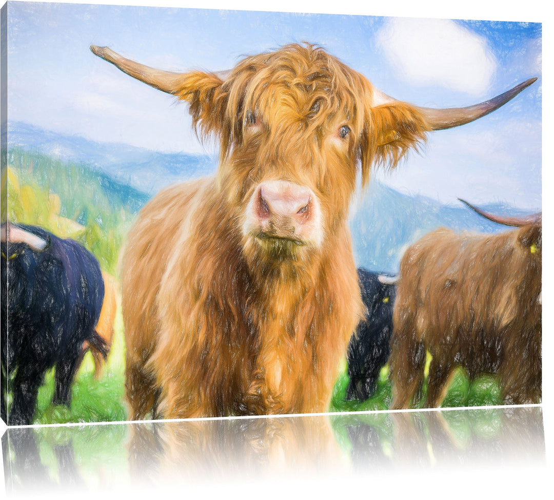Pixxprint Blick Einer Kuh an der Weide / 100x70cm Leinwandbild bespannt auf Holzrahmen/Wandbild Kuns