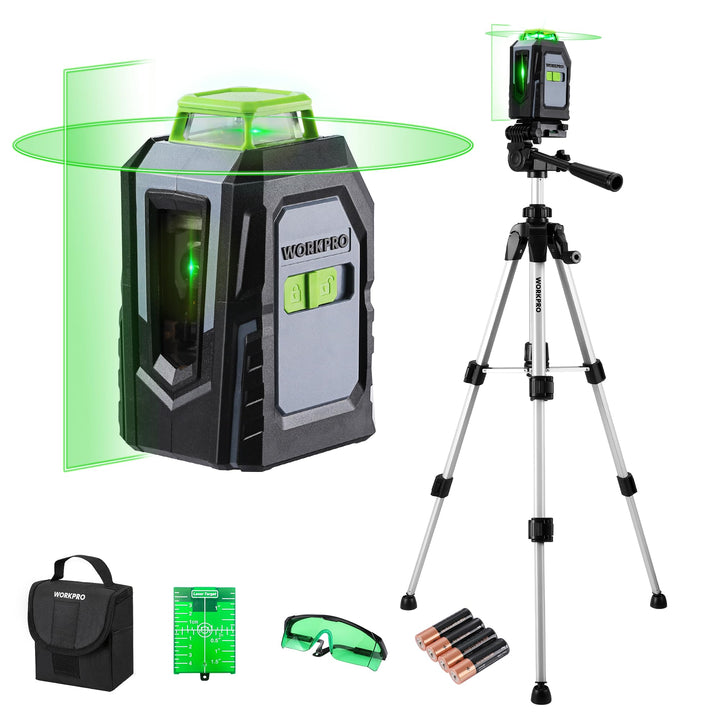 WORKPRO 360° Laserwasserwaage mit Stativ, 30 m Grüner Kreuzlinienlaser, Horizontal/Vertikal/Kreuzlin