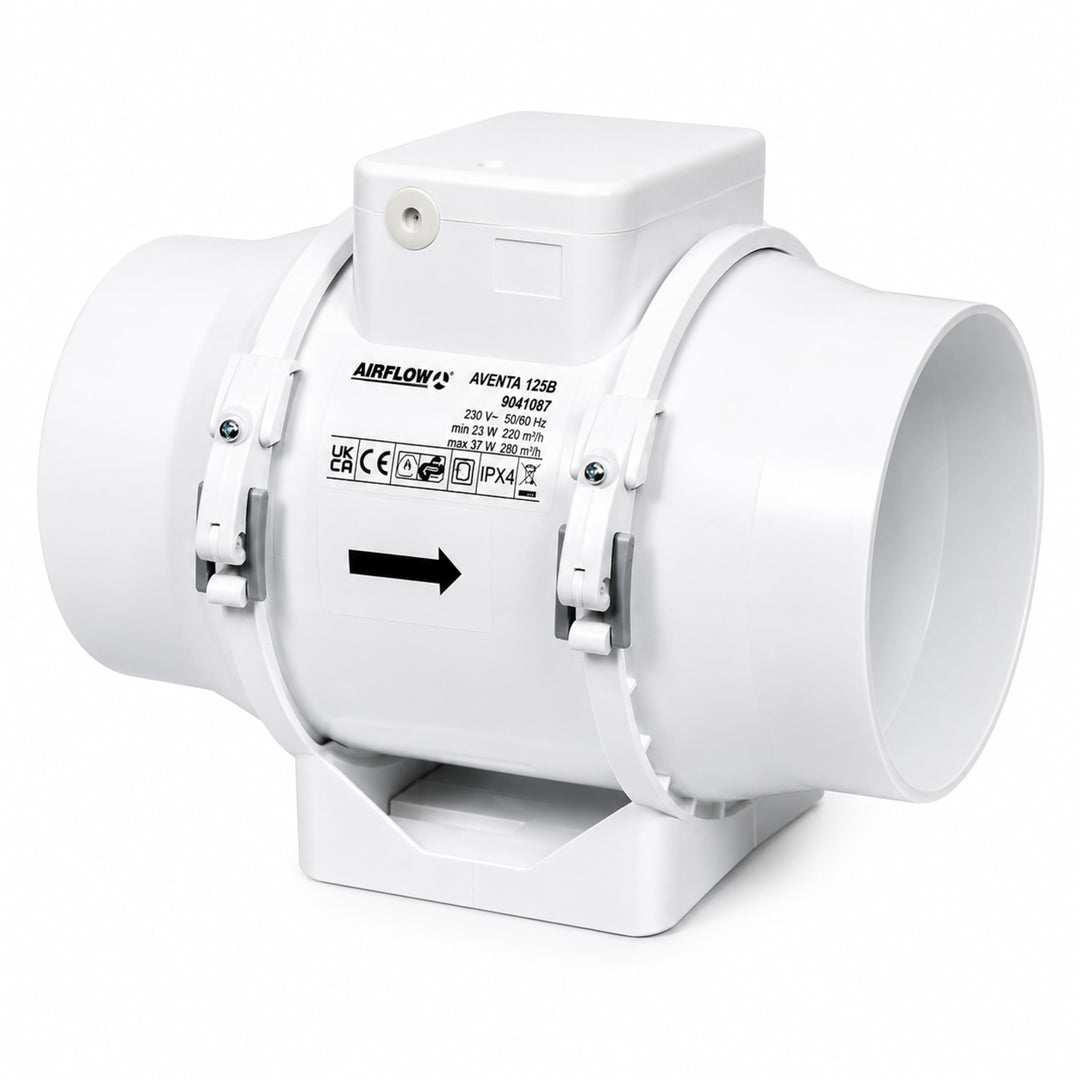Airflow Aventa 125B In-Line Mischstrom-Extractor Fan – 23W energieeffizient, 61-78 l/s (220-280 m³/h