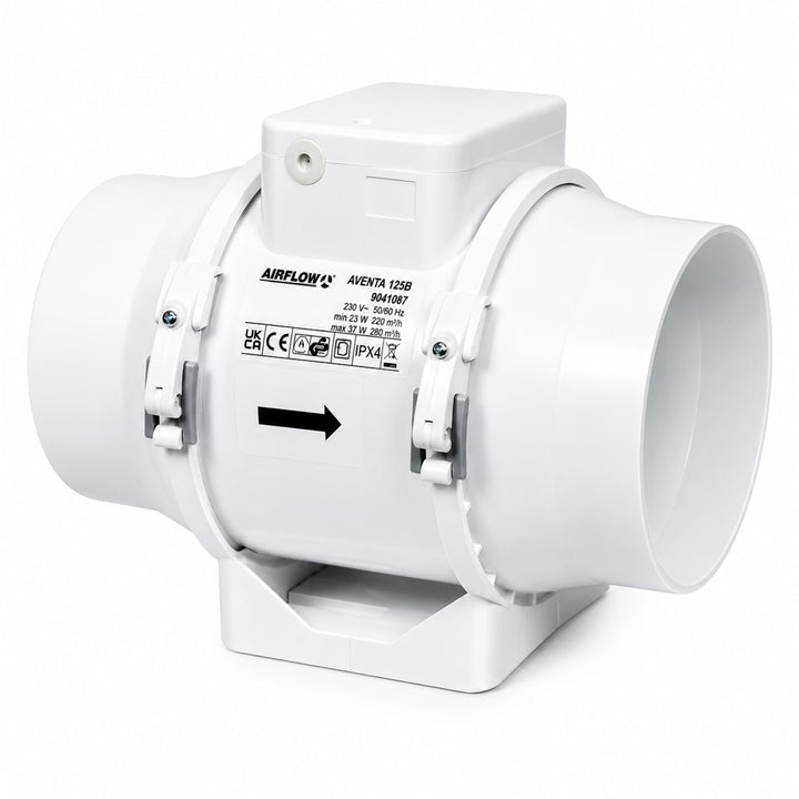 Airflow Aventa 125B In-Line Mischstrom-Extractor Fan – 23W energieeffizient, 61-78 l/s (220-280 m³/h