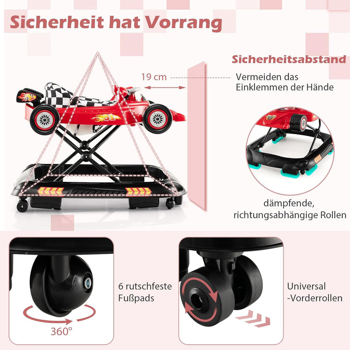 DREAMADE Lauflernwagen Klappbar, Rennauto-Motiv Lauflernhilfe mit 3 Einstellbaren Höhen, Abnehmbarem