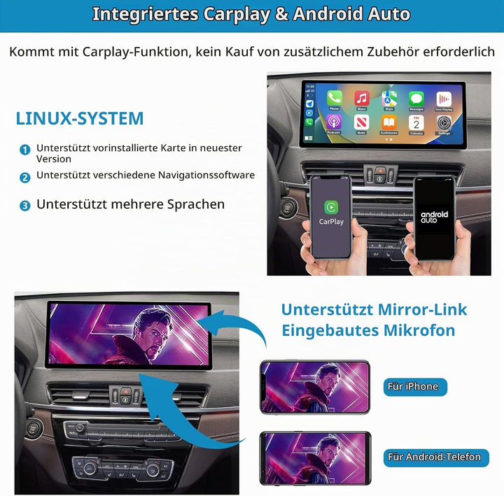 Autoradio 12,3-Zoll-Touchscreen mit kabellosem Carplay und Android Auto für 2016-2022 BMW X1-Serie F