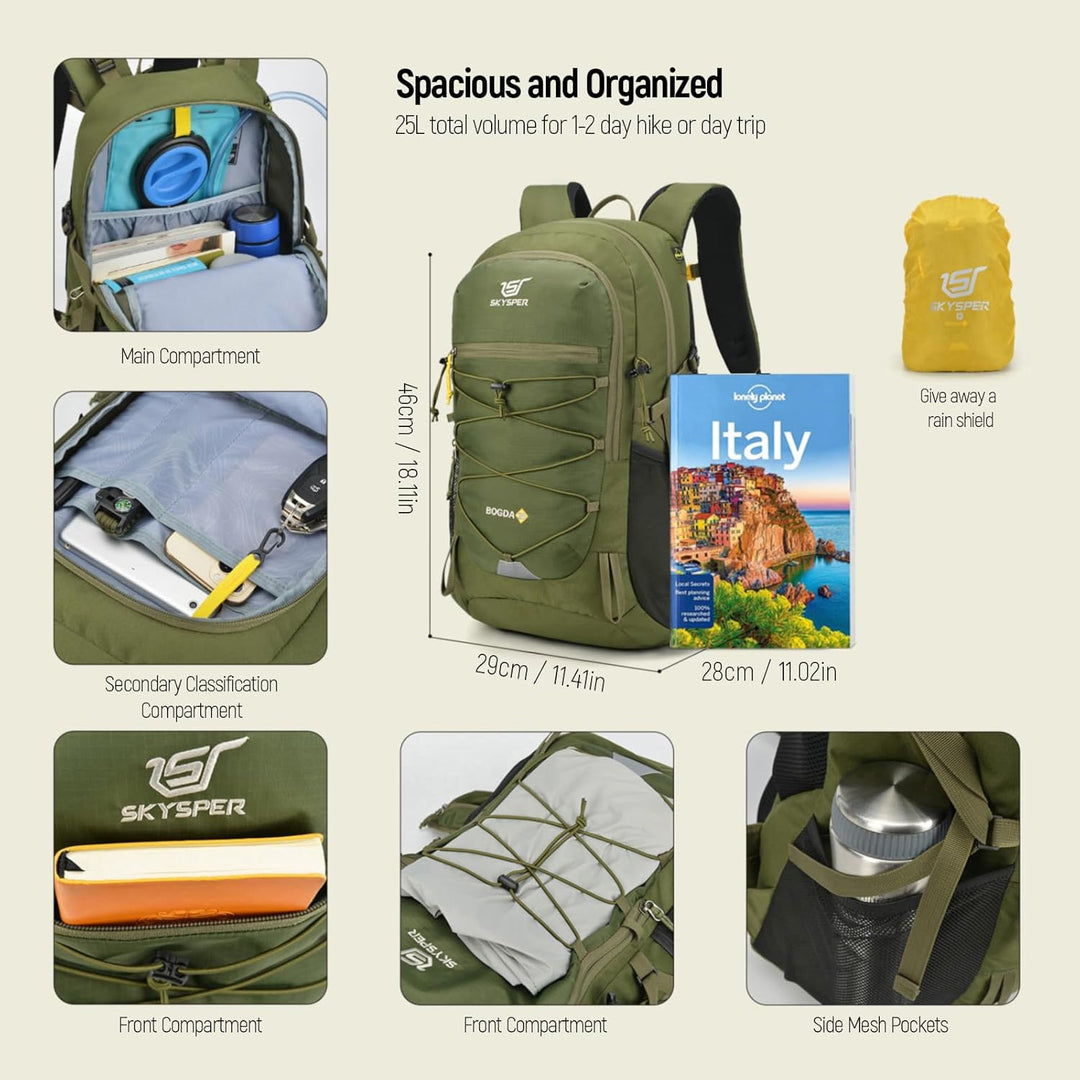 SKYSPER Wanderrucksack 25L, Klein Rucksack mit Rückenbelüftung aus atmungsaktivem 3D Air Mesh Tagesr