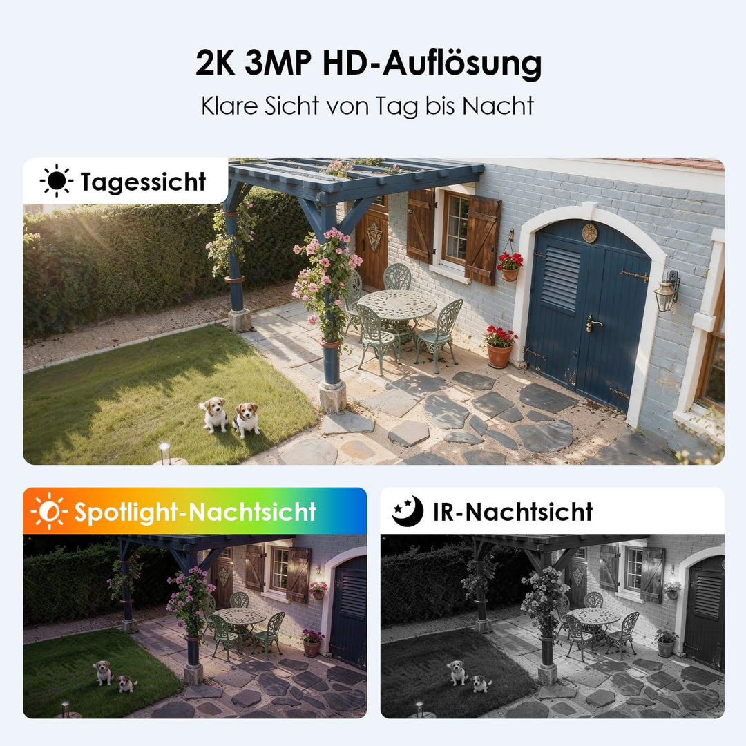 Alles in 1 Überwachungskamera Aussen Akku Solar, 2K, 100% Kabellos, 360° PTZ Kamera Überwachung Auss