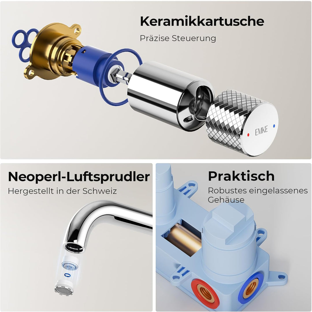 EMKE Waschtischarmatur Unterputz für Wandmontage, Wasserhahn Bad Unterputz, Mischbatterie Waschbecke