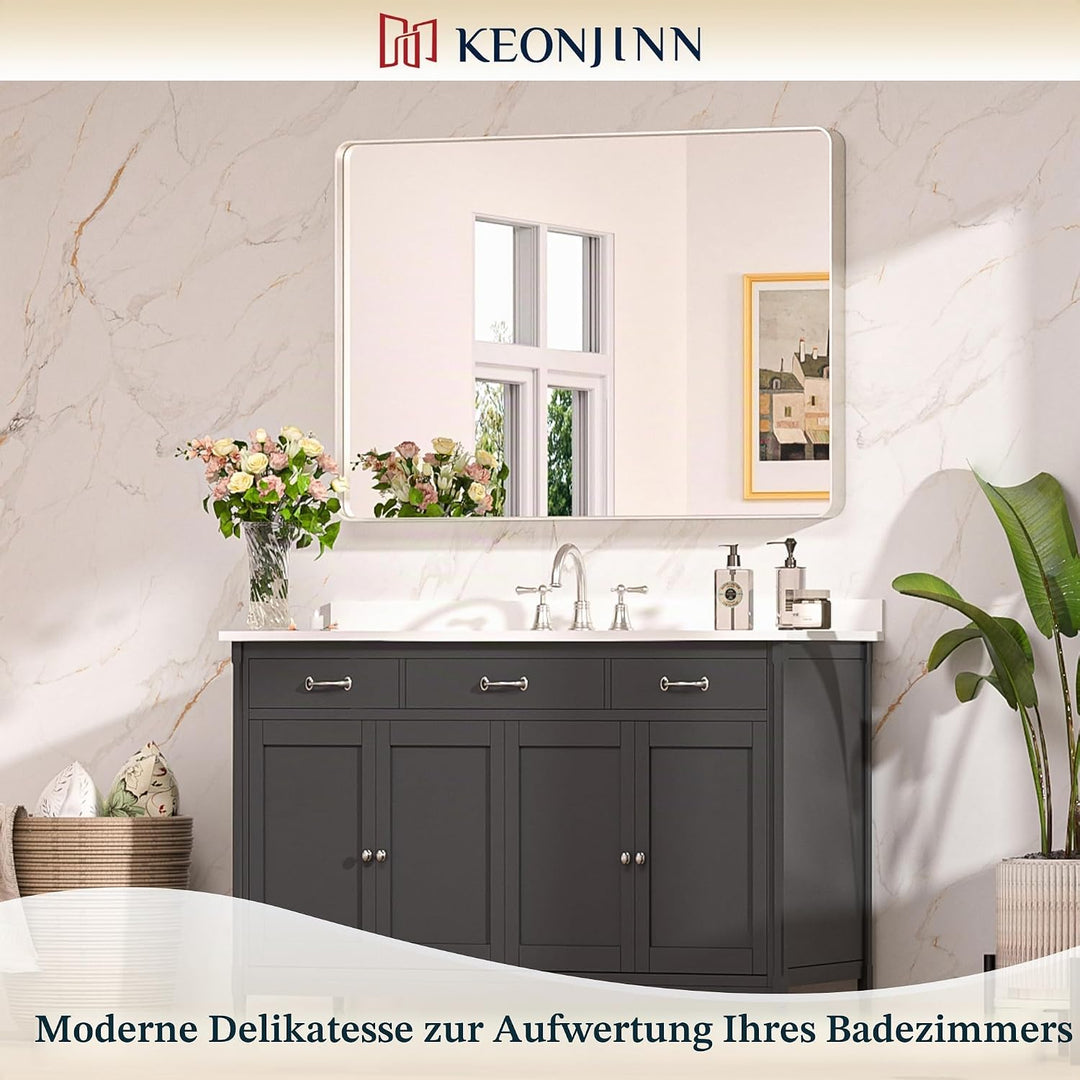 Keonjinn Wand Spiegel Nickel 100x75cm, Badezimmerspiegel Badspiegel mit Metallrahmen, Gehärtetes Gla