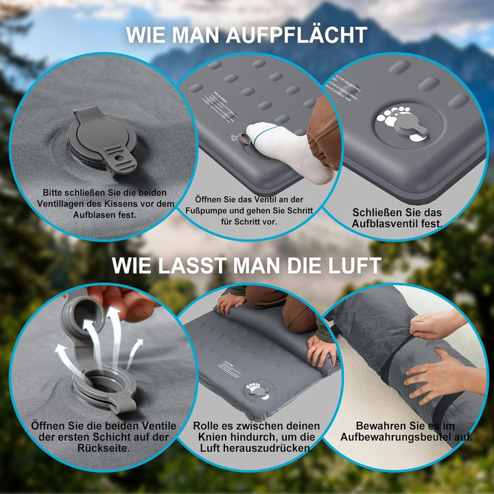 KASIMO Isomatte Selbstaufblasend Camping Matratze, R-Wert 9,5 Ultra-Dicke Memory-Foam Schlafmatte mi