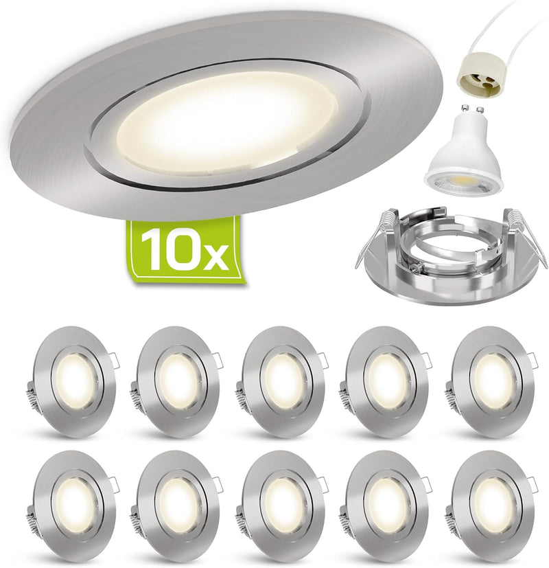 linovum 10er Set Einbaustrahler LED GU10 230V - runde Einbauspots Edelstahl gebürstet Optik inkl. LE