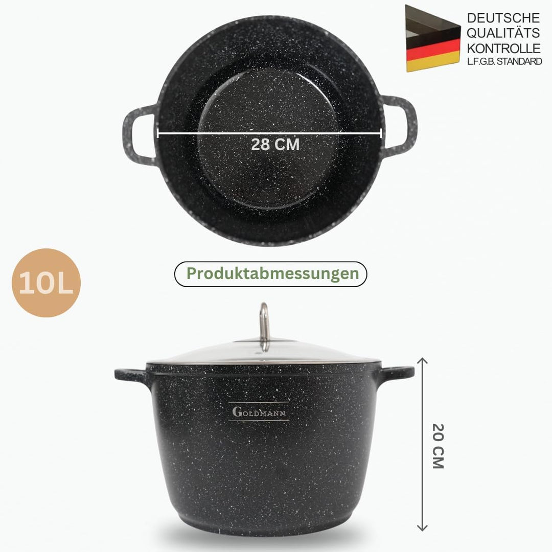 GOLDMANN 28 CM - 10L - Aluguss-Kochtopf/Suppentopf mit Glasdeckel und Silikongriffen, Marmor-Keramik