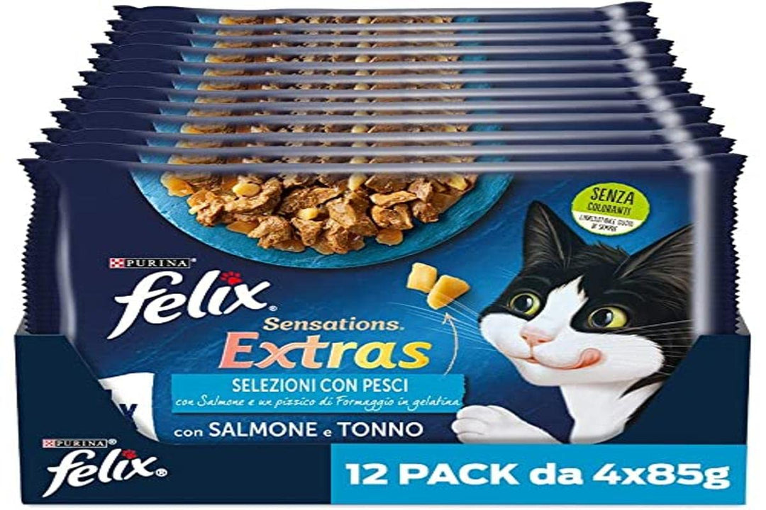 Purina Felix Sensations Extras Feuchtmittel für Katzen mit Lachs und Einer Prise Käse und Thunfisch
