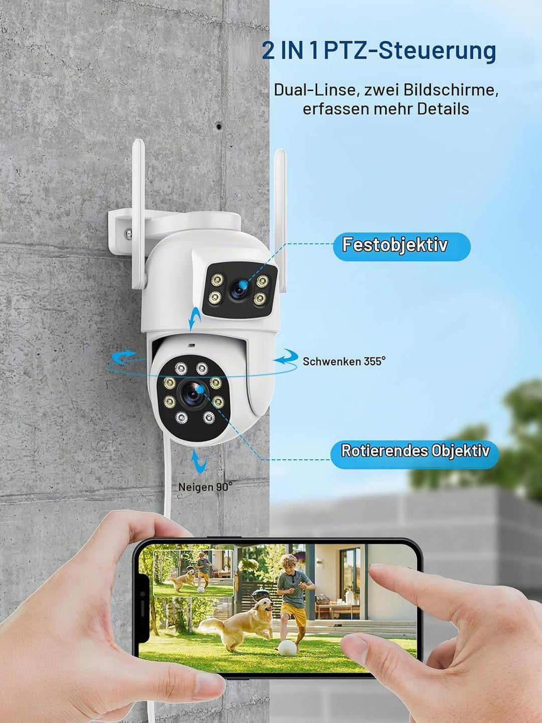 Reobiux 3K Überwachungskamera Aussen mit Doppelobjektiv, PTZ Outdoor WLAN IP Kamera Überwachung Auss