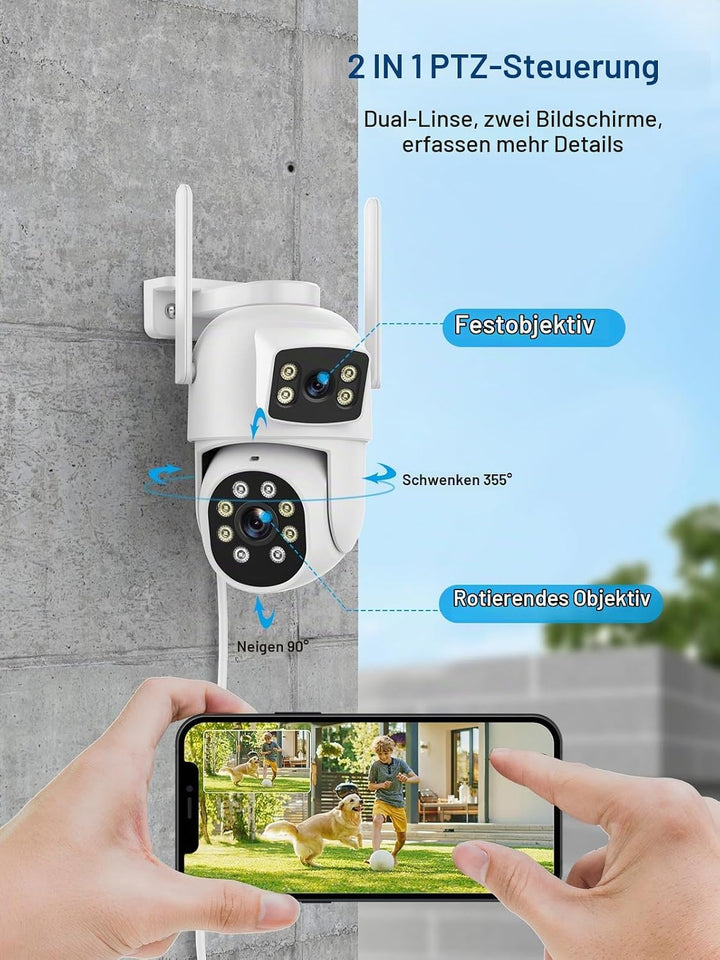 Reobiux 3K Überwachungskamera Aussen mit Doppelobjektiv, PTZ Outdoor WLAN IP Kamera Überwachung Auss