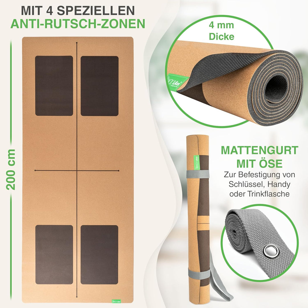 BACKLAXX ® Yogamatte Kork XXL [+50% mehr Fläche] mit Naturkautschuk - Yoga Matte nachhaltig, schadst