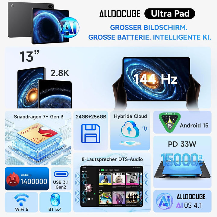 ALLDOCUBE Ultra Pad 13 Zoll AI-Tablet Android 15, 2880x1840 Display mit 144Hz, Snapdragon 7+ Gen3 Ga