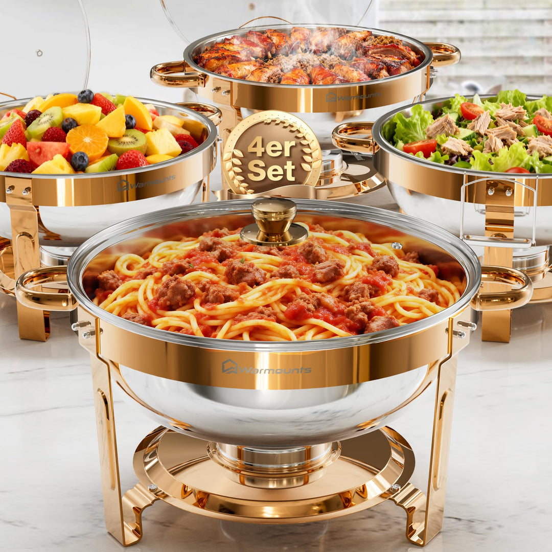 WARMOUNTS Rose Gold Chafing Dish Buffet 5L 4er Set, Rund Speisenwärmer für Catering mit Glasdeckel &
