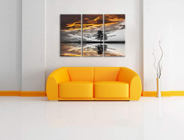 einsamer Baum auf Wiese schwarz/weiss 3-Teiler Leinwandbild 120x80 Bild auf Leinwand, XXL riesige Bi