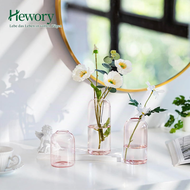 Hewory Kleine Vasen für Tischdeko: 6er Set Rosa Deko Vase Rosa Glaszylinder Vase Glas, Klein Glasvas