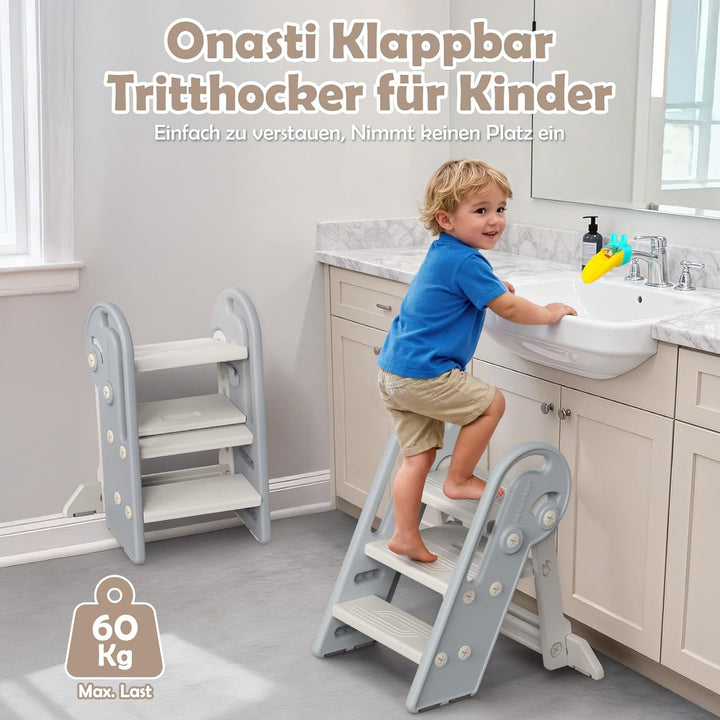 Onasti Tritthocker Kinder, Höhenverstellbar 3 Stufen Hocker Kinder, Trittschemel für Baby mit Handha